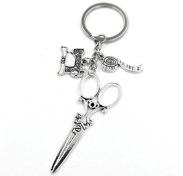 Sewing machine large scissors ruler alloy keychain