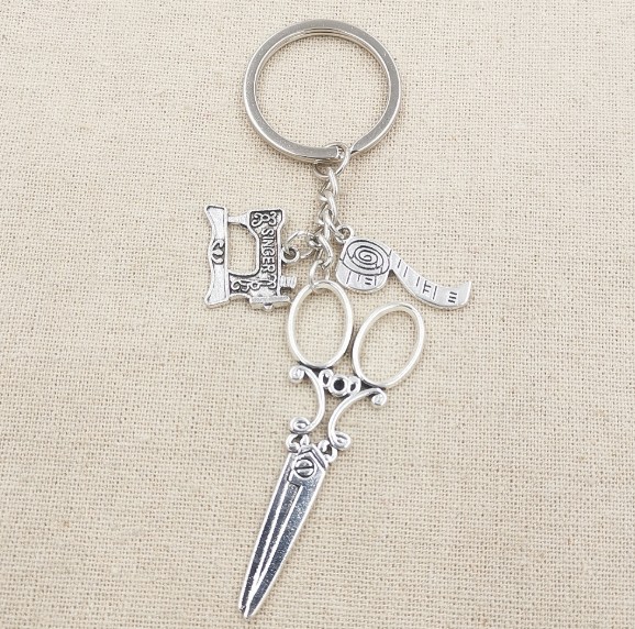 Sewing machine large scissors ruler alloy keychain