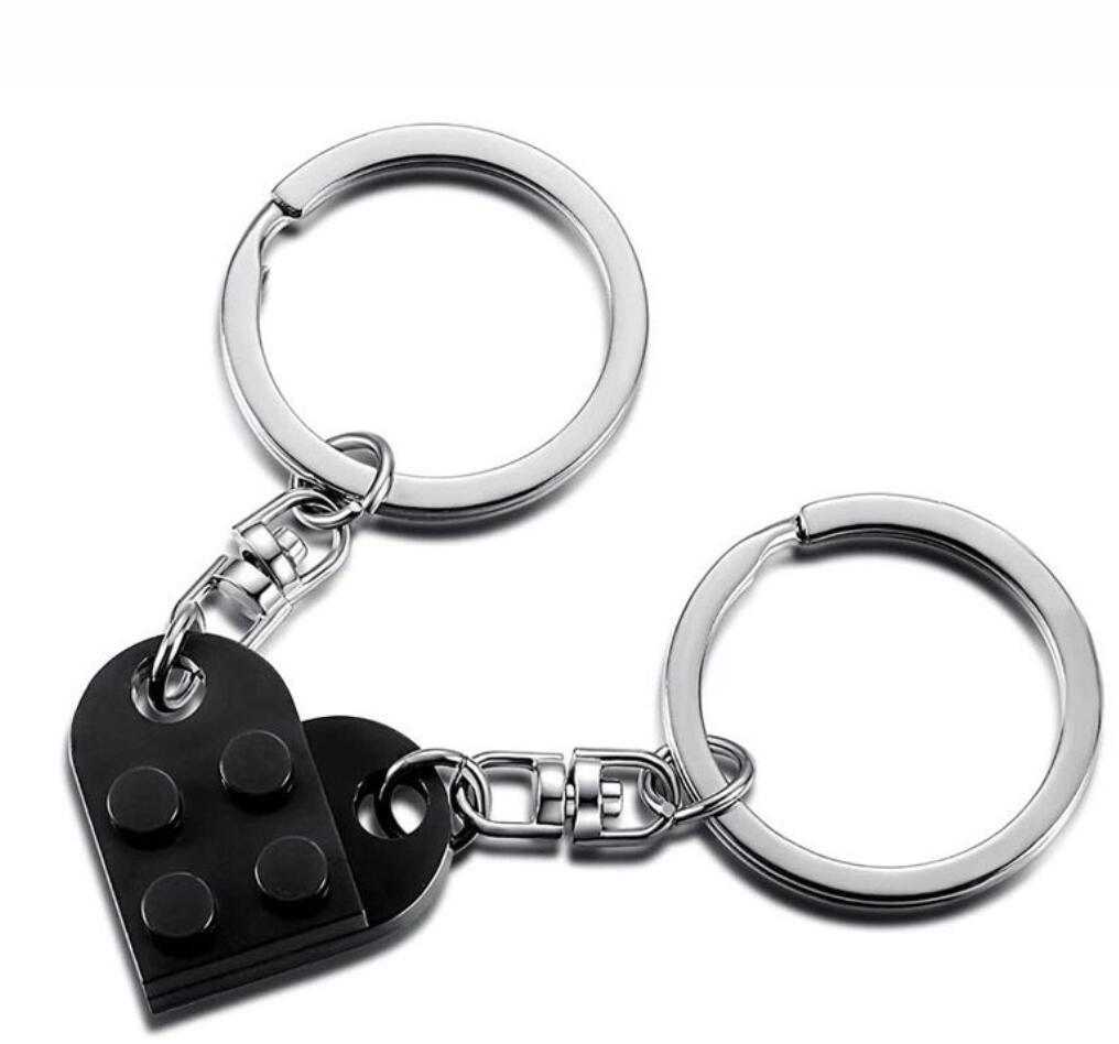 Couple building blocks puzzle piece keychain